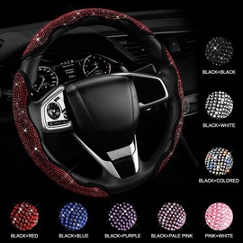 Queen's Land Diamond Bling Car Steering Wheel Cover with Crystal Rhinestones,3PCS Segmented Steering Wheel Protector,Universal for 99% Cars for Women:_Black with White_2PCS