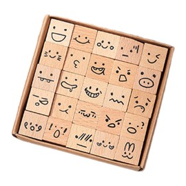 Colcolo 25 Pieces Mini Stamps Diary Stamp Set Art Crafts with Storage Box Wood Rubber Stamp Wooden Stamps for Journaling Photo Album, Cartoon Expressions