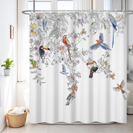 Renaiss 72 x 84 Inch Spring Shower Curtain Hummingbird Flower Sage Gree Leaves Butterfly Botanical Floral Bathroom Curtain Waterproof Fabric Machine Washable with 12 Plastic Hooks