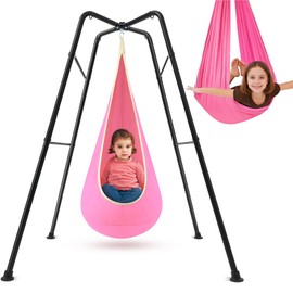 Lingvee Swing Stand Frame with Sensory Pod Chair and Swings Set Kid Heavy-Duty Metal Swing Frame Hammock Chair Stand Tree Saucer Sensory Round for Kids Adult Indoor Outdoor Backyard Park(Pink)