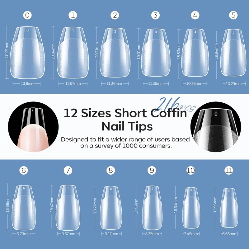 Modelones Nail Tips, 216 Pieces, Full Cover Nail Tips Set,