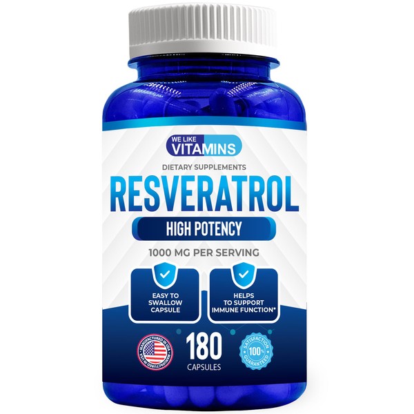 We Like Vitamins Resveratrol 1000mg per Serving - 180 Easy to Swallow Veggie Capsules - Natural Resveratrol Supplement 1000mg - Antioxidant Supplement Helps Support Anti-Aging and Immune System