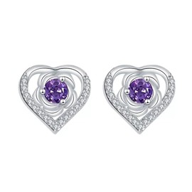 Silver Earrings for Women Girls, Silver Stud Earring Amethyst Cubic Zirconia Dainty Earrings Jewellery Gift for Mum Wife Her Birthday Mother's Day Valentines Day Christmas Xmas Gift