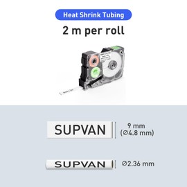 SUPVAN G15M Heat Shrink Tubing Label Tape, Thermal Multi-Purpose Labels for Home, Garage, Office, 0.35in × 6.56ft，Black on White