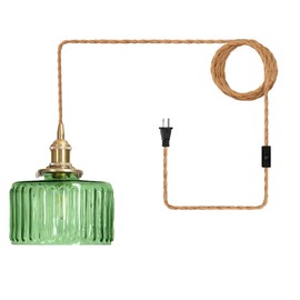 S-Cevada Vintage Plug-in Pendant Lighting Fixture with ON/Off Switch,Striped Glass Pendant Light Shade, Movable Farmhouse Bedroom Hanging Lamp, E26 Base (Green)