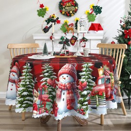 CUSUGBASO Round Christmas Tablecloth 70 inches - Red Plaid Snowman Christmas Decorations for Home - Water Resistant Christmas Table Cloth - Xmas Truck Holiday Christmas Decor for Table, Party
