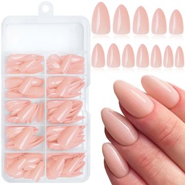 LoveOurHome 240pc Almond Press on Nails Short Fake Nails with Glue & Adhesive Tabs, Nude Fake Nails Press on Nail Almond Glue on Nails Artificial False Fingernails Women XS Stiletto Stick on Nails