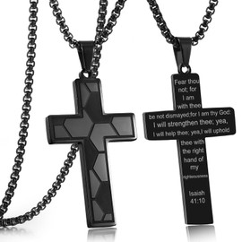 Black Soccer Cross Necklace for Men Bible Verse,Religious Faith Christian Scriptures Isaiah 41 10 Pendant Cross Chain, Baptism 1st First Communion Gifts for Boys Graduation Father's day Jewelry