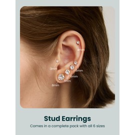 6 Pairs Stud Earrings Hypoallergenic Cubic Zirconia 316L Earrings Stainless Steel CZ Earrings Set 3-8mm (gold)
