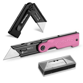 WORKPRO Folding Utility Knife with 10 Extra SK5 Blades, EDC Razor Sharp Knife with G10 Handle, Quick Change Box Cutter with Belt Clip, for Heavy Duty, DIY, Home, Office & Artcraft Use - Pink