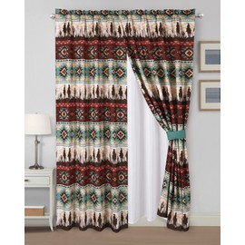 Chezmoi Collection Dune 4-Piece Southwestern Cowboys Aztec Window Curtain Set with Sheer Backing - Multicolor Teal Brown Beige Tan Red Printed Microfiber, 120 inch x 84 inch