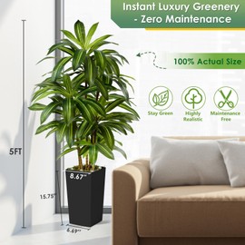 5FT Artificial Dracaena Tree - Fake Tree with Black Tall Planter Realistic 6-Trunk Faux Tree for Home/Office Faux Yucca Tall Fake Floor Plant in Pot - Artificial Trees for Modern & Farmhouse Decor
