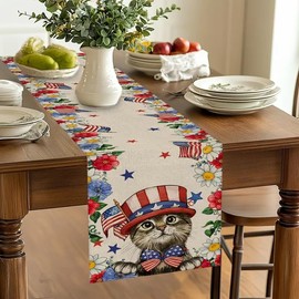 4th of July Summer Flower Cat Table Runner , Linen Patriotic Star Memorial Day 13x36 Inch for Table Dinning Kitchen Party Decoration