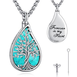 LOOVE Tree of Life Urn Necklace Sterling Silver Urn Necklace for Human Ashes Teardrop Urn Necklace for Women Turquoise Cremation Pendant for Ashes of Loved Ones Keepsake Jewelry