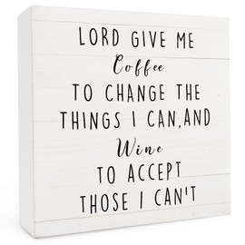 FHUGX Funny Christian Kitchen Wooden Box Sign,Coffee Wine Wood Box Sign,Lord Give Me Coffee To Change The Things I Can Sign For Home Kitchen Bar Tabletop Shelf Decor,Coffee And Wine Bar Decor,5x5 Inch