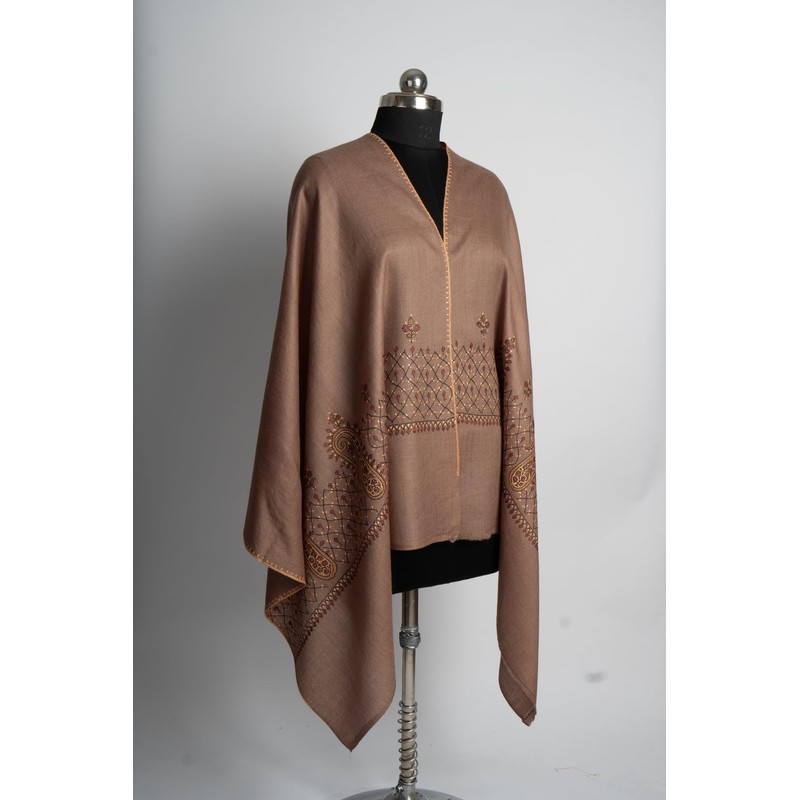 Kashmkari Elegant Chestnut Merino Wool Scarf with Classic Sozni Embroidery
