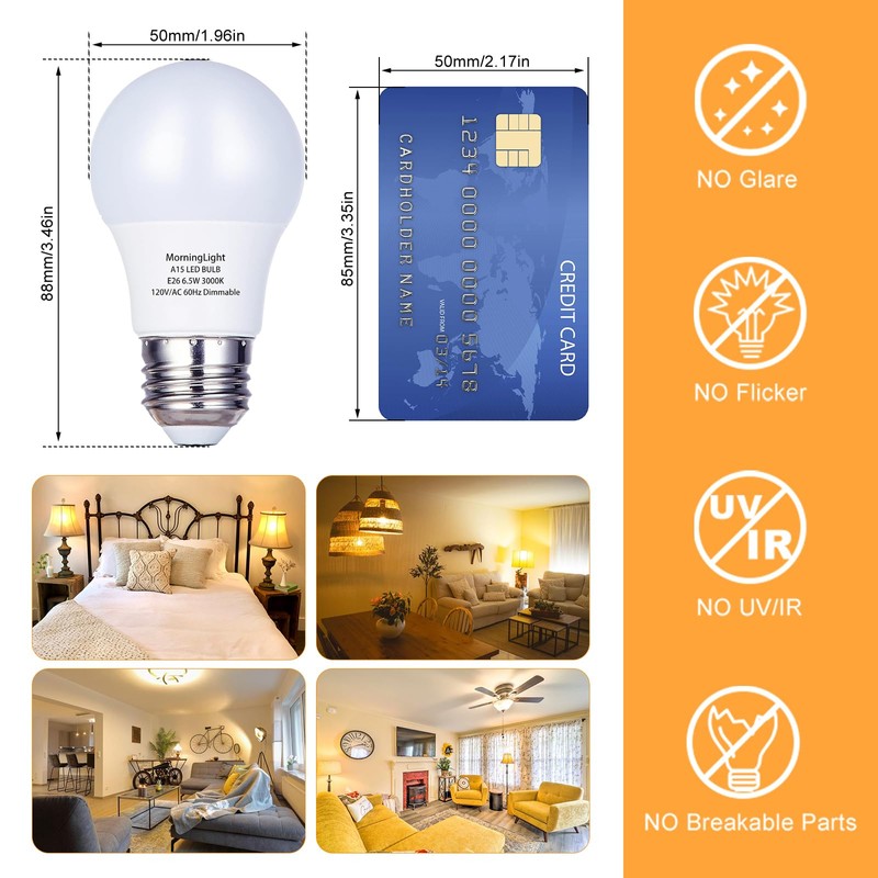 MorningLight 6 Pack A15 LED Bulb, 6.5W Dimmable LED Light