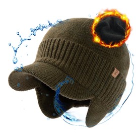 TOP-EX Waterproof 80% Merino Wool Peaked Beanie Hat Men with Earflaps Oversized Winter Hats with Brim Warm Fleece Lined for Big Heads Newsboy Baker Boy Cap for Golf Running Green L/XL