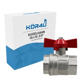 kör4u Ball Valve Brass with T-Handle Red on Both Sides Internal Thread 3/4 Inch, Ball Valve, Shut-Off Valve, Garden and Household