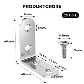 VOCIBO® Pack of 20 Angle Connectors, Metal Angle 90 Degrees, 40 x 40 mm, Stainless Steel, Small Angle with Screw for Mounting Angle Bracket, Furniture, Table, Chair, Bookshelf