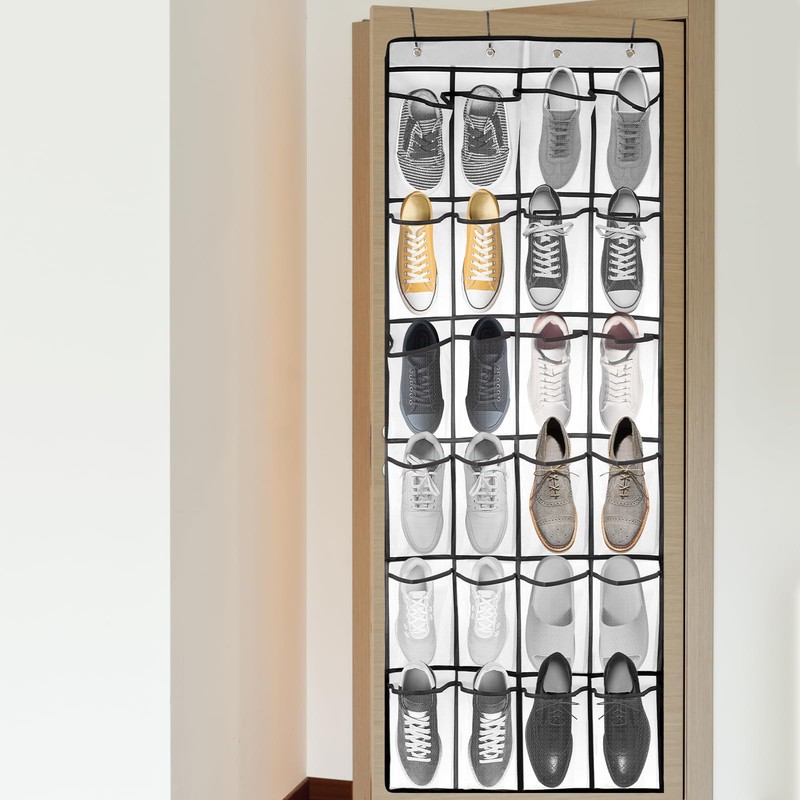 Large Hanging Shoe Organizer, 24 White Mesh Pockets Over the