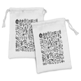 Lunarable Rap Fabric Pouch Set of 2, Hip Hop Lifestyle and Culture Themed in Sketch Style Graffiti Art Design, Small Drawstring Bag for Toiletries Masks and Favors, 9" x 6", Charcoal Grey White
