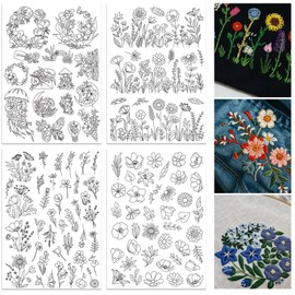 ORIGACH 4 Sheets 105 Pcs Water Soluble Embroidery Patterns Stabilizers - Pre-Printed Floral, Flowering Shrubs & Leaves Designs - Stick & Stitch Embroidery Paper for Hand Sewing Lovers
