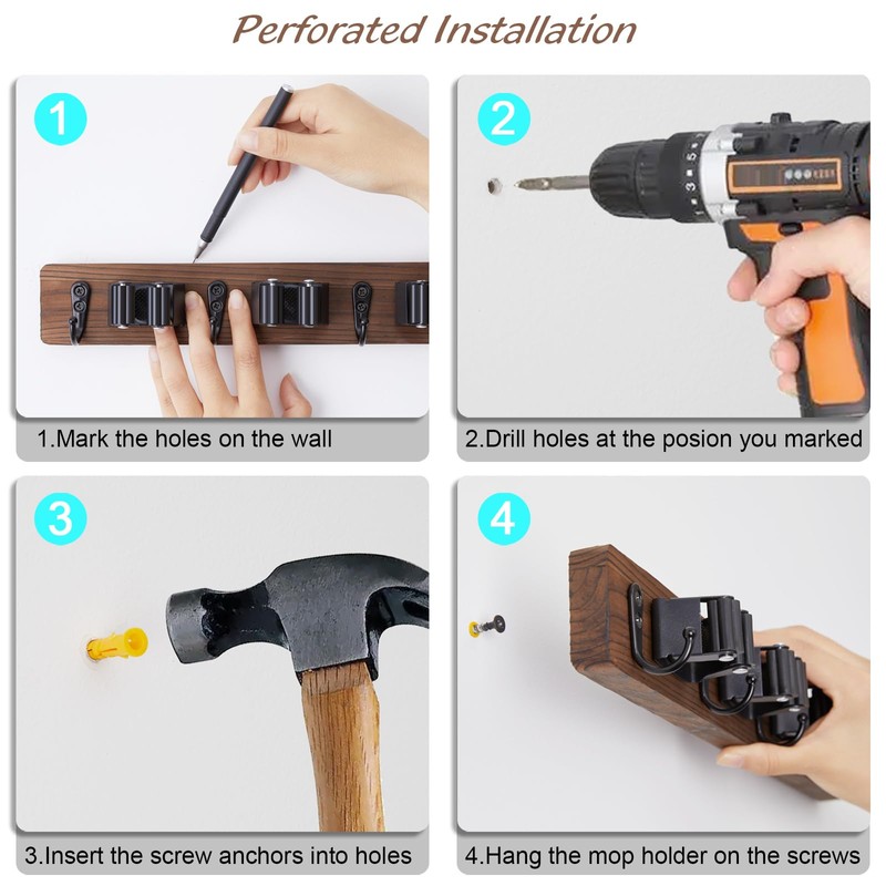 OUTNILI 2 Pack Mop Broom Holder Wall Mount with 3
