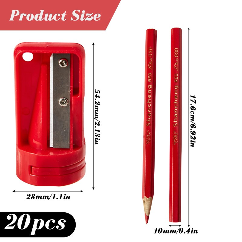 20 Carpentry Pencils, Red Flat Carpenter's Pencils, Heavy Construction Pencils,