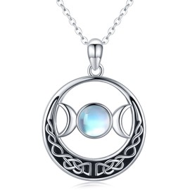 Triple Moon Goddess Necklace Celtic Pendent 925 Sterling Silver Pentagram Wiccan Pagan Amulet Triple Moon Goddess Jewellery Moonstone Gifts for Women Girls