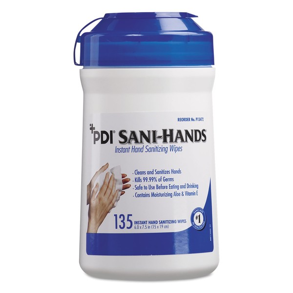 PDI Healthcare P13472 Sani-Hands Instant Hand Sanitizing Wipes, Medium, 6" x 7.5" (12 Canisters of 135 Wipes, 1620 Total)