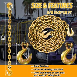 SENKEYFE 3/8" Transport Binder Chain-G80 Tow Chain with G70 Safety and Grab Hooks|7100 lbs Working Load|10 Foot Trailer Safety Log Chain with Heavy Duty|Truck Tie Down Equipment（2 Types of Hooks）