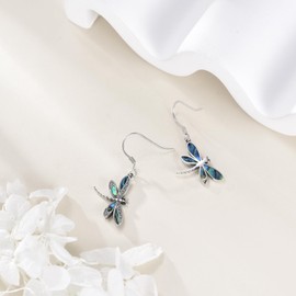 Dragonfly Earrings S925 Sterling Silver Dragonfly Abalone Shell Dangle Drop Earrings Dragonfly Jewellery for Women, Silver