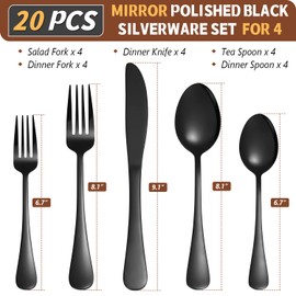 20 Piece Black Silverware Set, Stainless Steel Flatware Utensil Sets for 4, Black Cutlery Set Includes Forks Spoons Knives, Mirror Polished, Dishwasher Safe