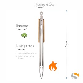 Schmalz® Terra Barbecue Tongs with Engraving, Bamboo/Stainless Steel, Customisable, Barbecue Cutlery, Extra Long, Name of Desired Text, Prongs, Dad, Grandpa, Gift, Gift Packaging, Wooden Handle