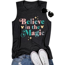 Vieawfi Magic Tank Tops Magic Kingdom Shirts Women Cute Believe in Magic Graphic Vest Summer Sleeveless Vacation Tanks Tops (Deep Gray,L)