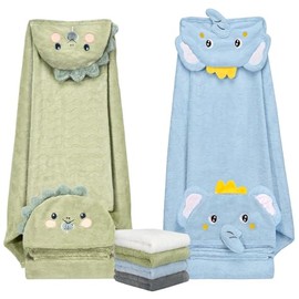 6 PCS Toddler Towels Set for Boy Girl 0-5 Year, 2 PCS Absorbent Hooded Baby Bath Towels Large 55" x 27.5" & 4 PCS Washcloths, Ultra Soft Toddler Newbo