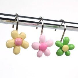 Twofish Home Colorful Flower Shower Curtain Hooks Colorful Flower Anti Rust Shower Curtain Hooks Decorative Resin Colorful Flower Shower Curtain Rings Set of 12