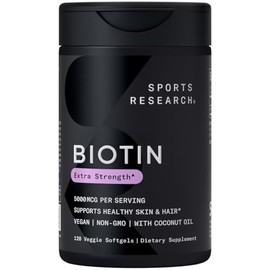 Biotin (alta potencia) 5000 mcg por cpsula vegetariana mejorada con aceite de coco para una mejor absorcin favorece el crecimiento del cabello, la... 