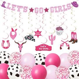 Cowgirl Hen Party Decorations for Girls - 39 Pieces Western Decor for Women Bridal Shower, Let's Go Girl Banner Pink Balloons Hanging Swirls for Bachelorette Party Supplies