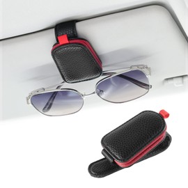 JUSTTOP 1Pack Sunglasses Holders for Car,Magnetic Leather Buckle Sun Visor Sunglass Clip,Ticket Card Clip Sunglasses Mount,Car Interior Accessories for Men and Women(Black-Red)