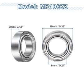 sourcing map 12Pcs MR106ZZ Small Bearing, 6mm ID 10mm OD 3mm Width Double Shielded Deep Groove Ball Bearings for Electric Motor Skateboards 3D Printer, P5 (ABEC 5)