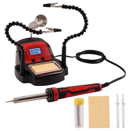 Noah Multifunctional Soldering Station with Alligator Clips,48W Display Soldering Iron Station Kit with 2 Helping hands, 2 Extra Iron Tips, Lead-Free Solder,Red