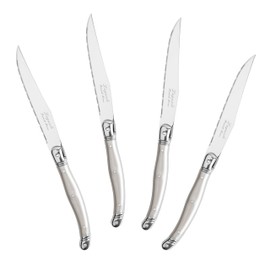 French Home Laguiole 4-Piece Steak Knife Set – Sophisticated Stainless Steel Dinner Knives with Pewter Handles & Iconic Bee Emblem – Serrated Knives for Smooth Cutting (9.25")