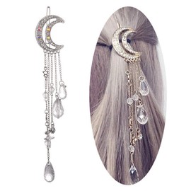 Romantic Crescent Moon Star Crystal Dangle Hairpin Rhinestone Beads Hair Clips Bridal Jewelry Tassel Drop Hair Pins Bobby Pins For Women Girls Hair Accessories (Silver)