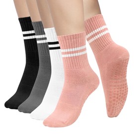 AGUTIUN Grip Socks for Women Pilates Yoga Non Slip Socks with Grips for Barre Hospital Home Athletic 3/4 Pairs Grip Socks, 4 Pairs White/Black/Grey/Pink, One Size
