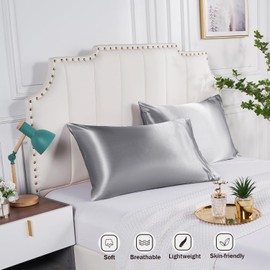 DuShow 2 Pack Silk Satin Pillowcases for Hair and Skin, Solid Silky Standard Pillow Cases with Envelope Closure,Gray 50x76 cm