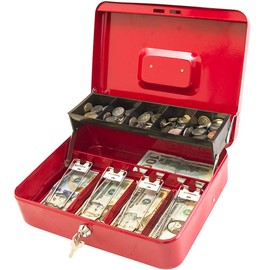 KYODOLED Locking Cash Box with Lock,Money Box with Cash Tray,Lock Safe Box with Key,Money Saving Organizer,11.81Lx 9.45Wx 3.54H Inches,Red XL Large