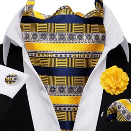 YOHOWA Mens Ascot Ties Cravat Self Tie Set Paisley Yellow Scarf with Pocket Square Cufflinks Formal Wedding Party