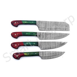 Custom Handmade Damascus Chef Knives Set / Kitchen Knives 4 Pieces Set SS-17101, 17102, 17103, 17104, 17111, 17112, 17113, 17114 and 17115 (Green & Red Colored Wood)